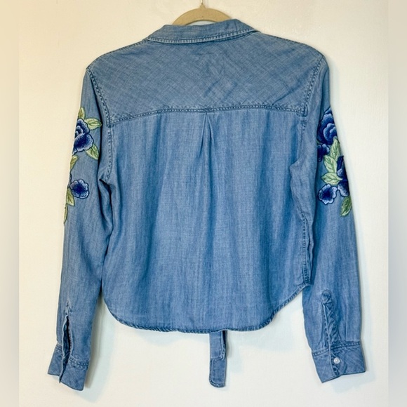 RAILS Val Floral Patch Embroidered Blue Denim Button-Down Tie-Front Blouse- XS - Picture 9 of 11